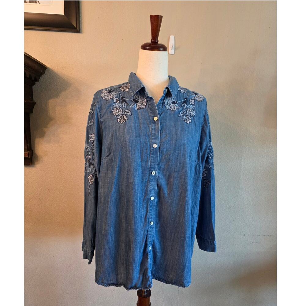 J. Jill Denim Chambray Button Down Embroidered Blouse SZ Large Petite Boho